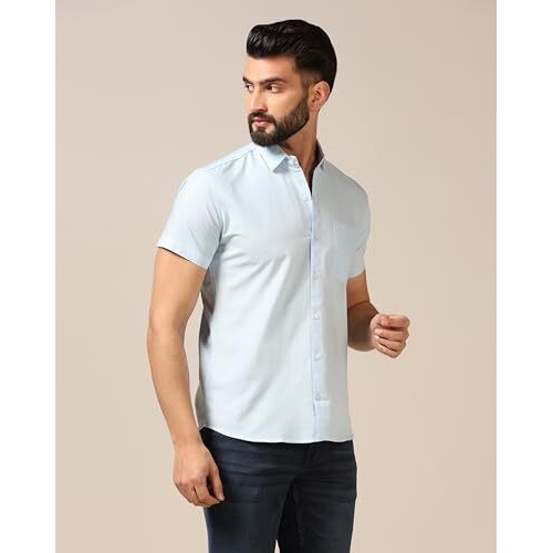 Toplot Men's Regular Fit Solid Casual Shirt With Pocket Design With Spread Collar & Half Sleeves (Half-Pocket-5179-Sky-Xl) Blue