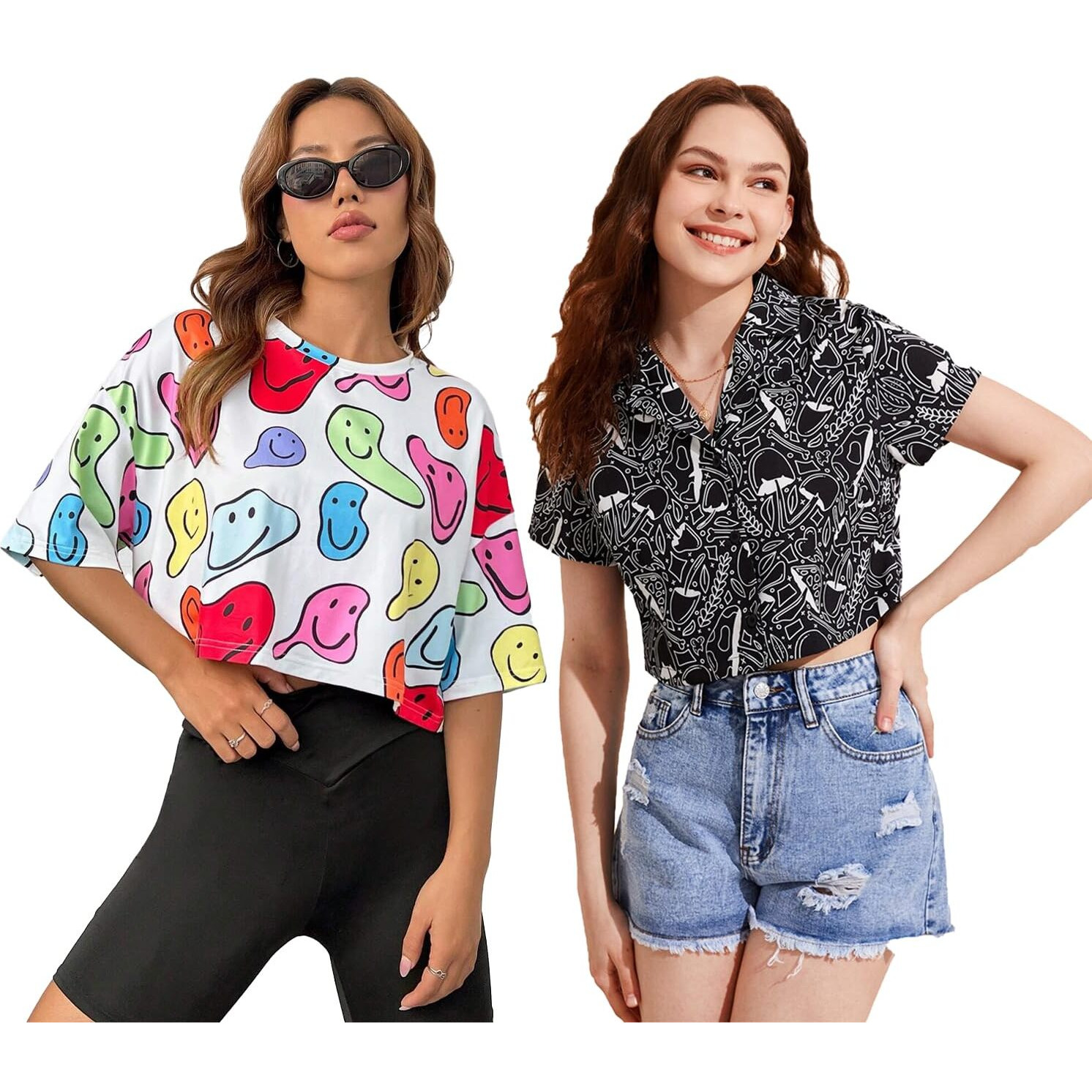 Toplot Women's Casual Printed Crop Top With Short Sleeve Pack Of 2 (Combo-5135-Blk-Mlt-L)