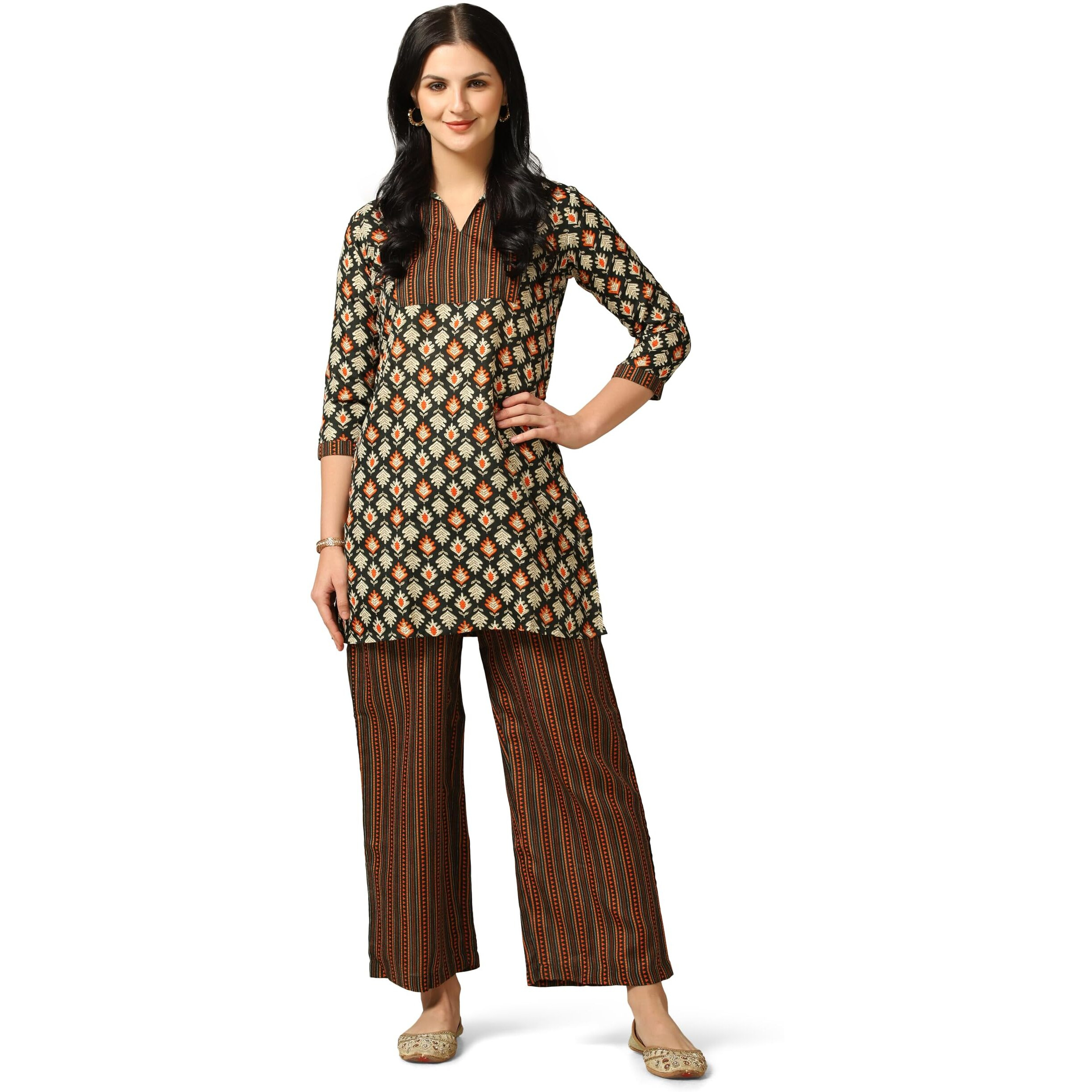 Toplot Women's Cotton Blend Printed Straight Kurta With Pant (Kurta-Pant-5175-Black-M)