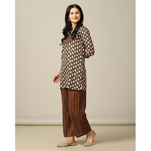 Toplot Women's Cotton Blend Printed Straight Kurta With Pant (Kurta-Pant-5175-Black-M)