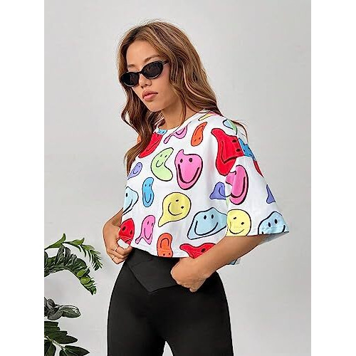 Toplot Tops For Women Casual Printed Crop Top With Half Sleeve (Crop-Top-5098-Multi-L)