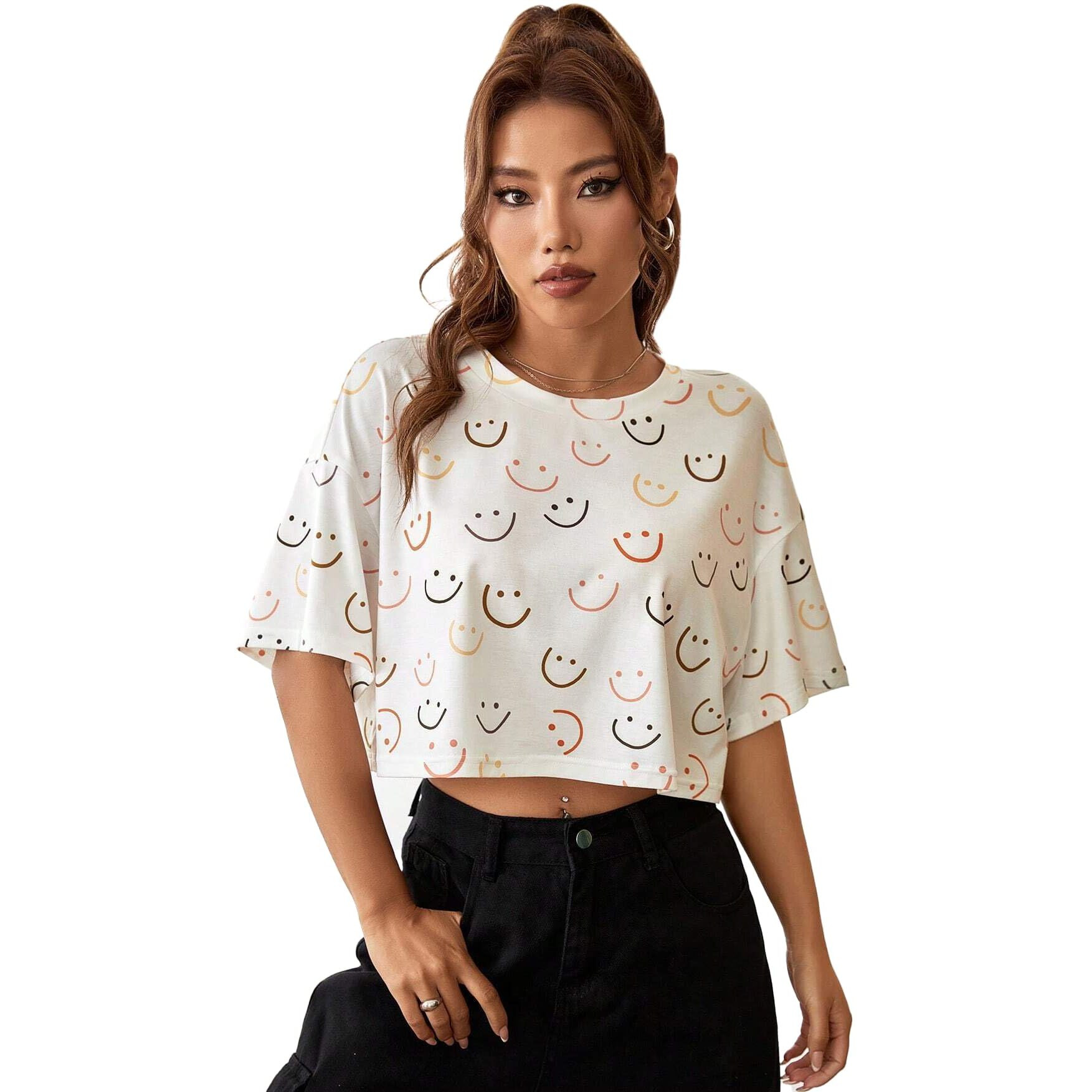 Toplot Tops For Women Casual Printed Crop Top With Half Sleeve (Crop-Top-5098-Smile-Xl)