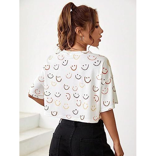 Toplot Tops For Women Casual Printed Crop Top With Half Sleeve (Crop-Top-5098-Smile-Xl)