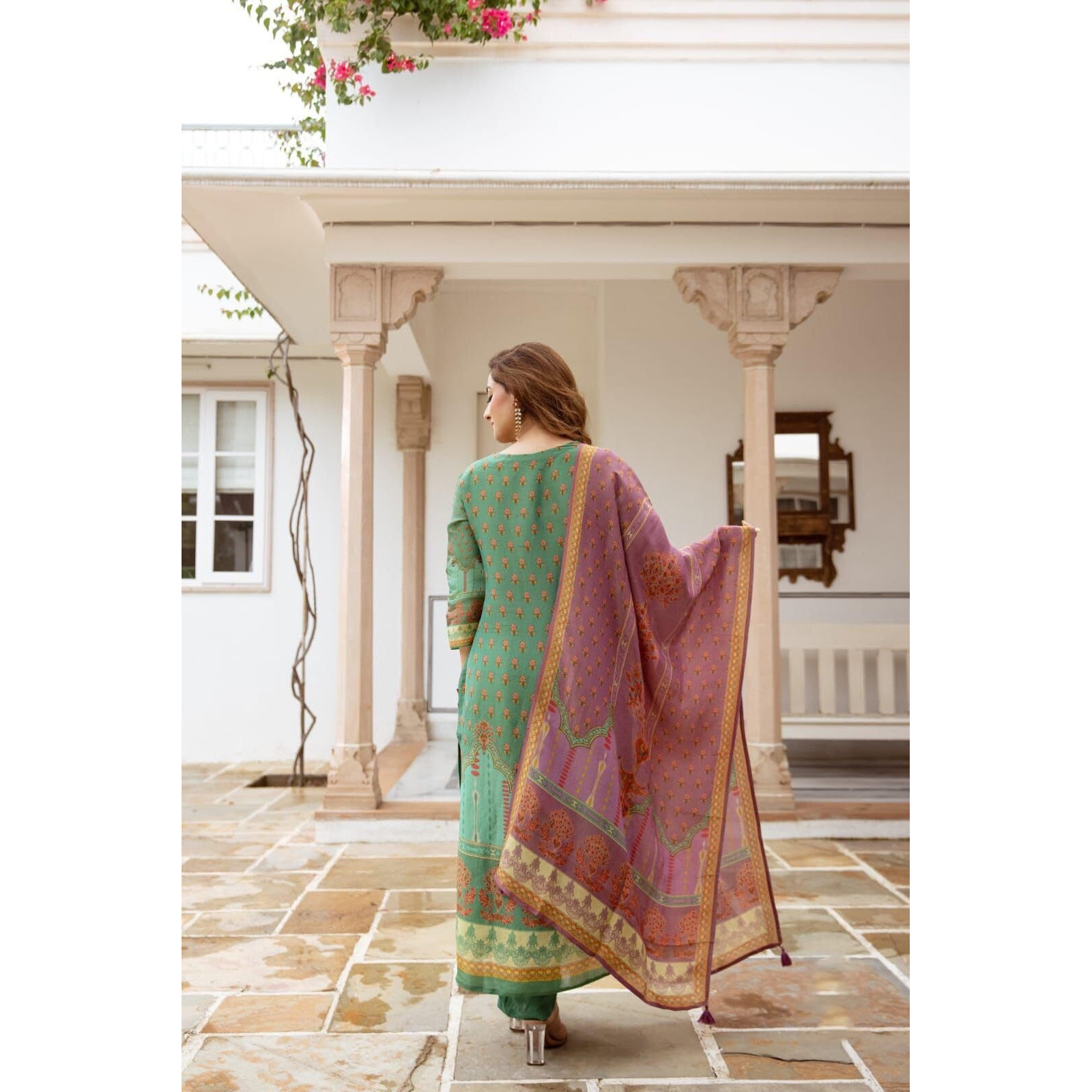 Gosriki Women's Rayon Viscose Straight Printed Kurta With Pant & Dupatta (Champika Pista-Gs_L_Green_Large)