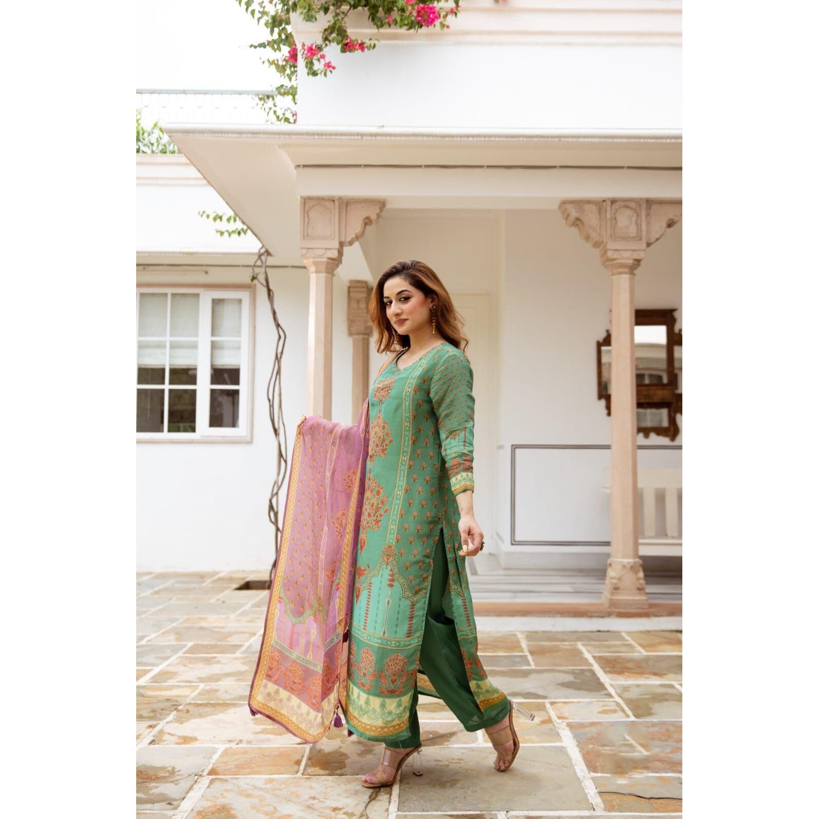 Gosriki Women's Rayon Viscose Straight Printed Kurta With Pant & Dupatta (Champika Pista-Gs_L_Green_Large)