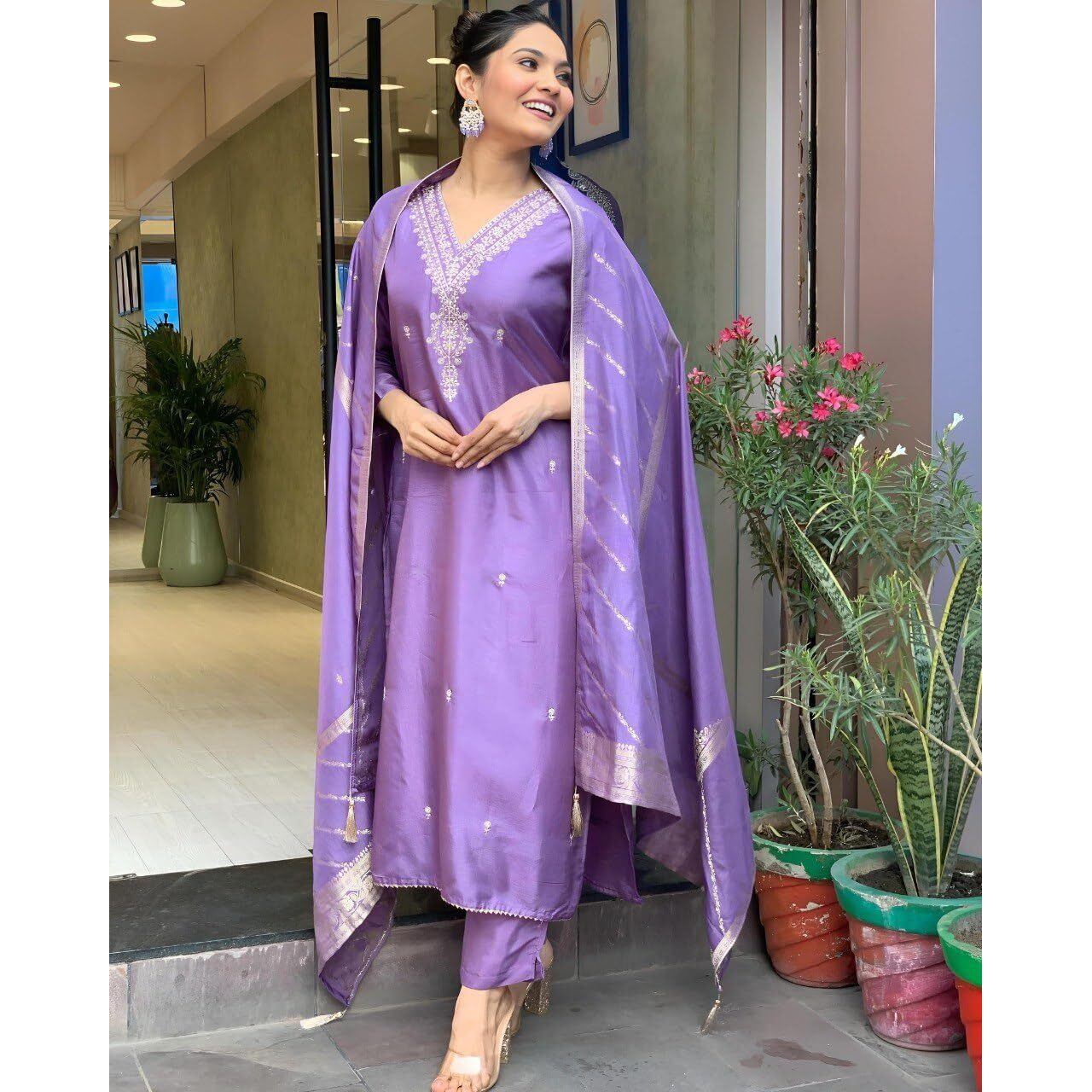 Gosriki Women's Rayon Viscose Embroidered Straight Kurta With Pant & Dupatta (Paritosh Purple-Gs_M_Purple_Medium)