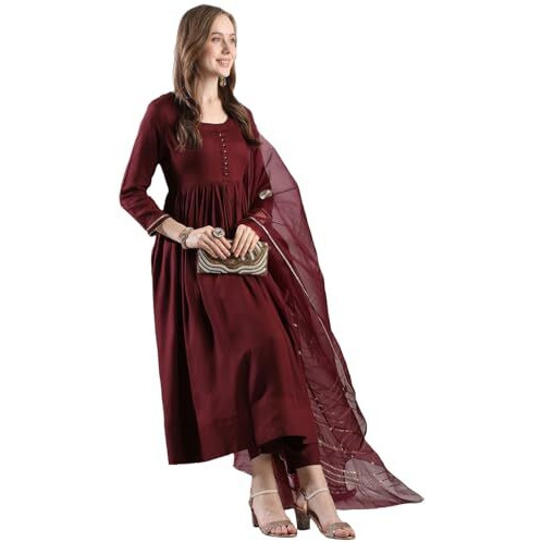 Gosriki Women's Rayon Blend Anarkali Solid Kurta With Pant & Dupatta (Jaynti Wine-Vks03-Gs_Xxl_Wine_Xx-Large)