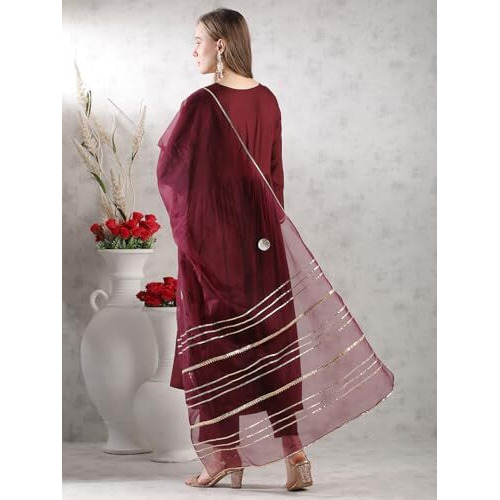 Gosriki Women's Rayon Blend Anarkali Solid Kurta With Pant & Dupatta (Jaynti Wine-Vks03-Gs_Xxl_Wine_Xx-Large)