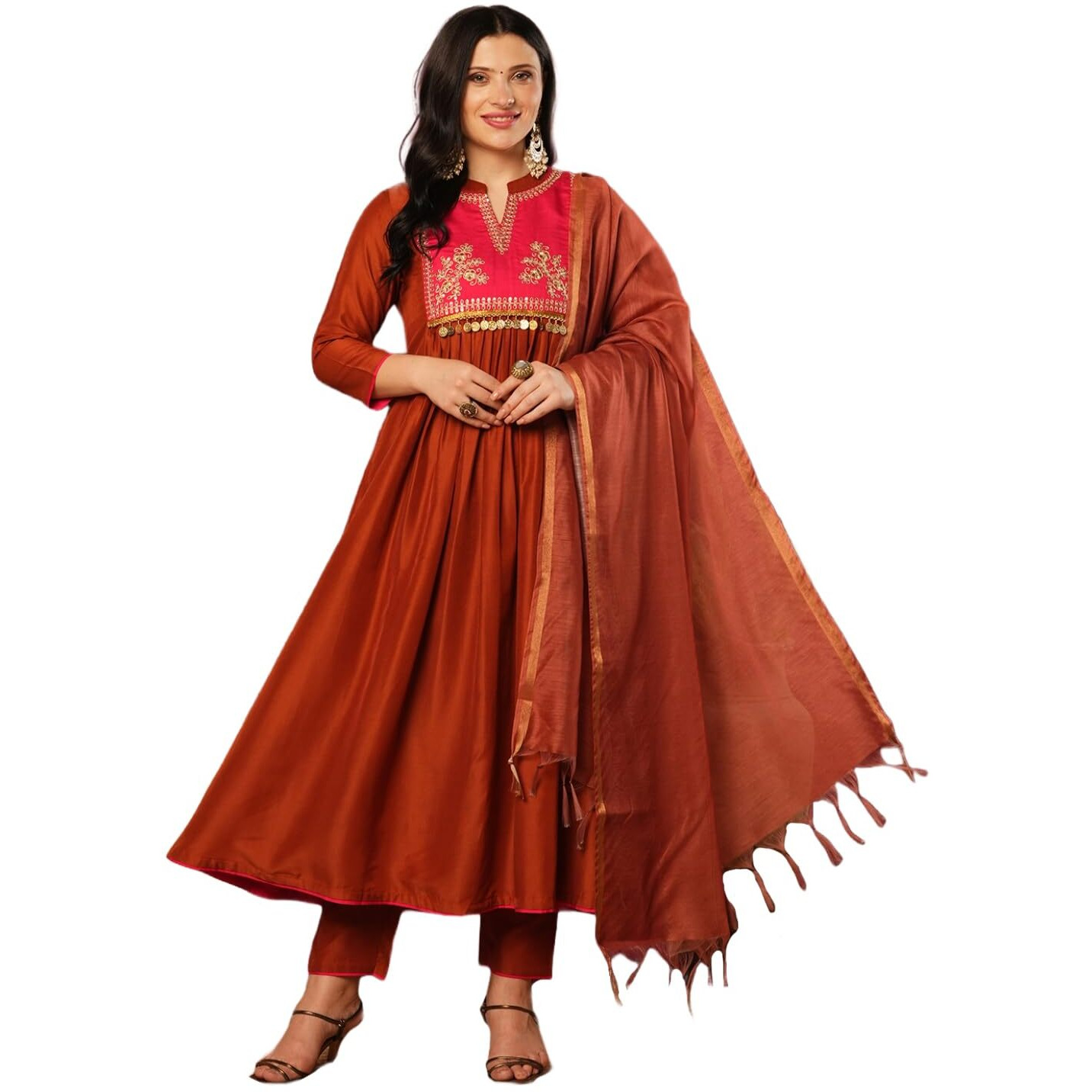 Gosriki Women's Rayon Viscose Embroidered Anarkali Kurta With Pant & Dupatta (Brics Rust-Vks01-Gs_S_Rust_Small)
