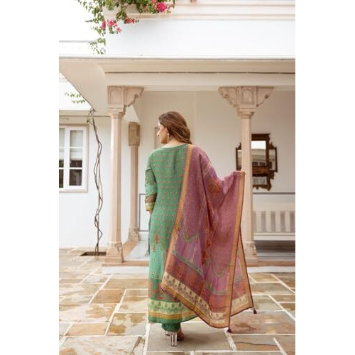 Gosriki Women's Rayon Viscose Straight Printed Kurta With Pant & Dupatta (Champika Pista-Vks01-Gs_L_Green_Large)