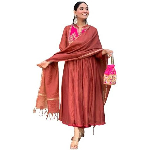 Gosriki Women's Rayon Viscose Embroidered Anarkali Kurta With Pant & Dupatta (Brics Rust-Vks02-Gs_Xxl_Rust_Xx-Large)