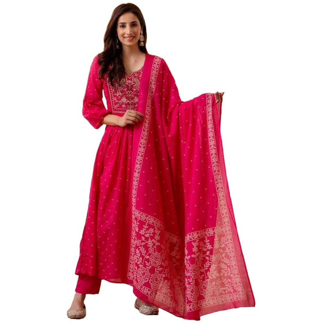 Gosriki Women's Rayon Viscose Embroidered Anarkali Kurta With Pant & Dupatta (Kanota Pink-Vks06-Gs_L_Pink_Large)