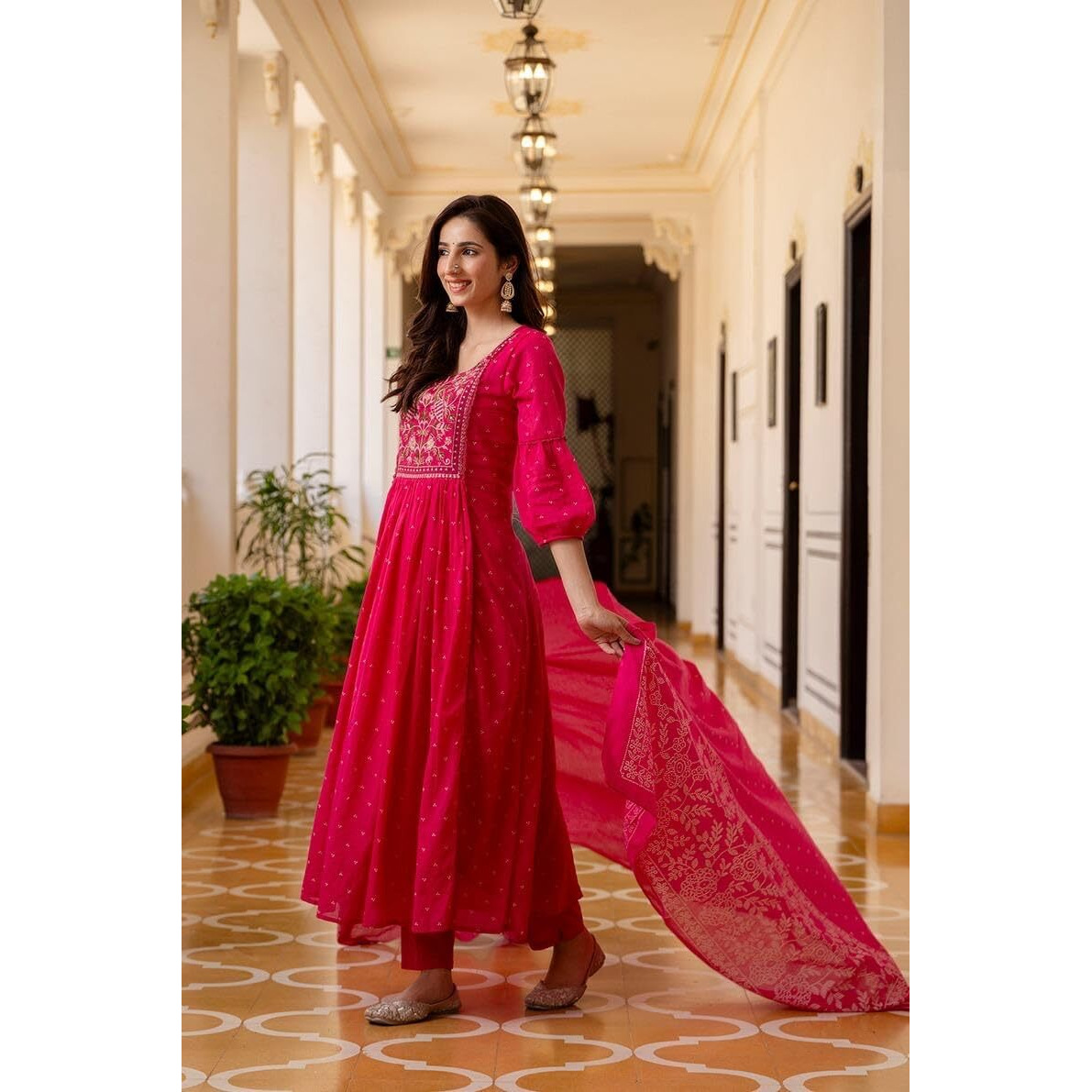 Gosriki Women's Rayon Viscose Embroidered Anarkali Kurta With Pant & Dupatta (Kanota Pink-Vks06-Gs_L_Pink_Large)