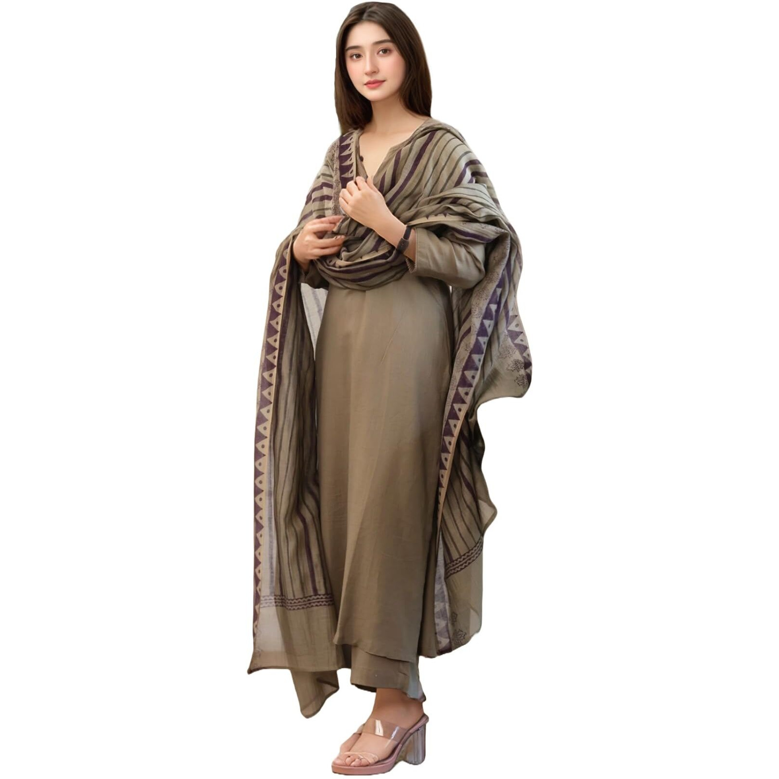 Gosriki Women's Rayon Viscose Straight Solid Kurta With Pant & Dupatta (Tarnish Chiku-Gs_M_Beige_Medium)