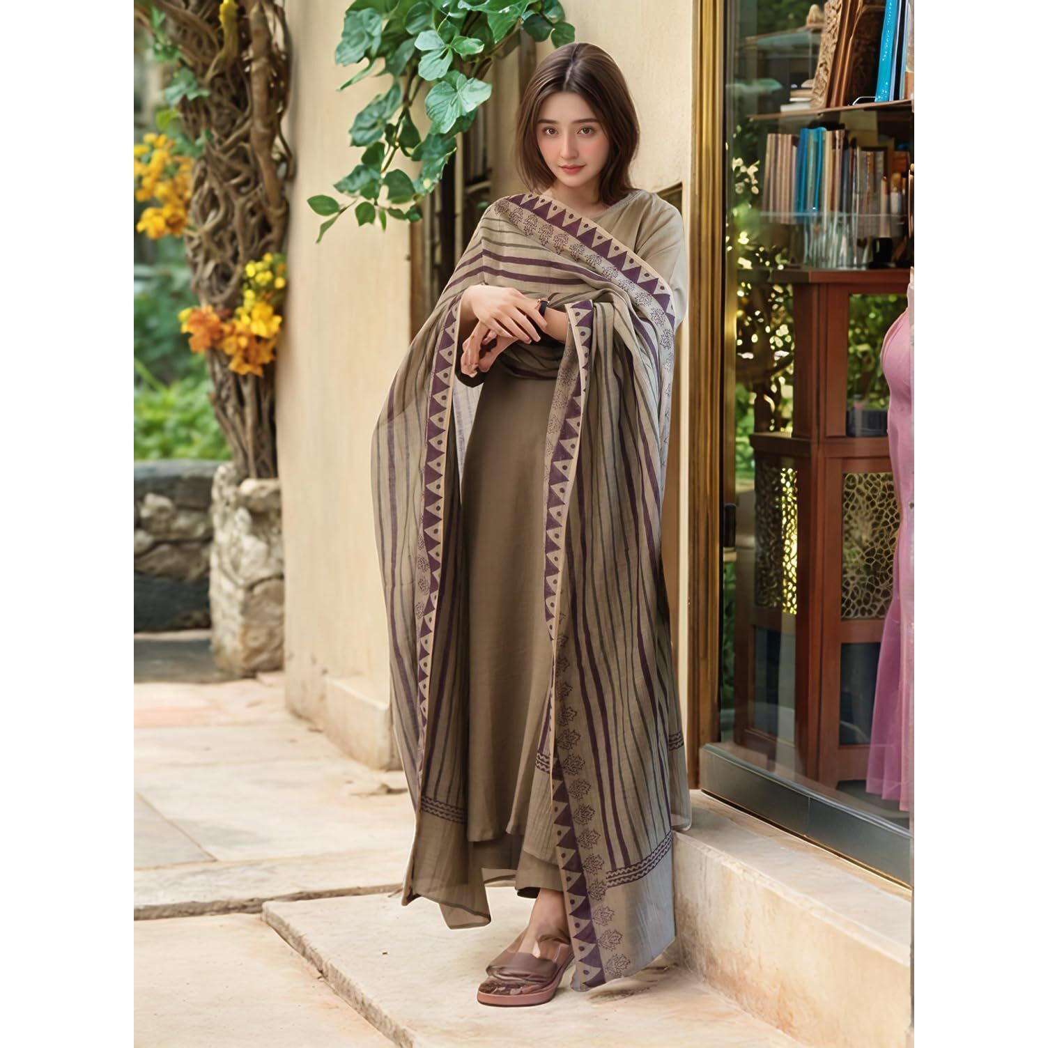 Gosriki Women's Rayon Viscose Straight Solid Kurta With Pant & Dupatta (Tarnish Chiku-Gs_M_Beige_Medium)