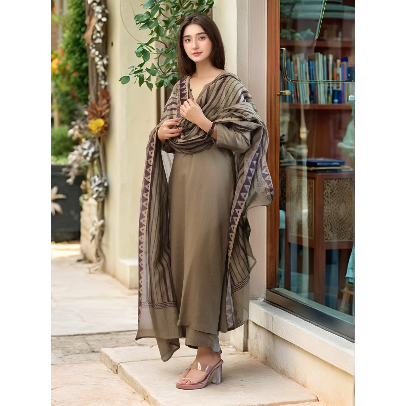 Gosriki Women's Rayon Viscose Straight Solid Kurta With Pant & Dupatta (Tarnish Chiku-Gs_M_Beige_Medium)