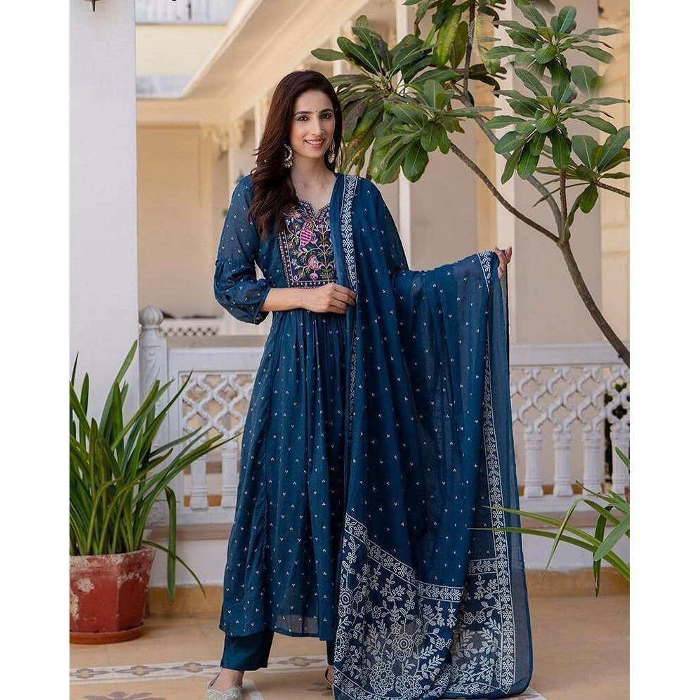 Gosriki Women's Rayon Viscose Embroidered Anarkali Kurta With Pant & Dupatta (Kanota Kerosin-Vks06-Gs_Xxl_Dark Blue_Xx-Large)