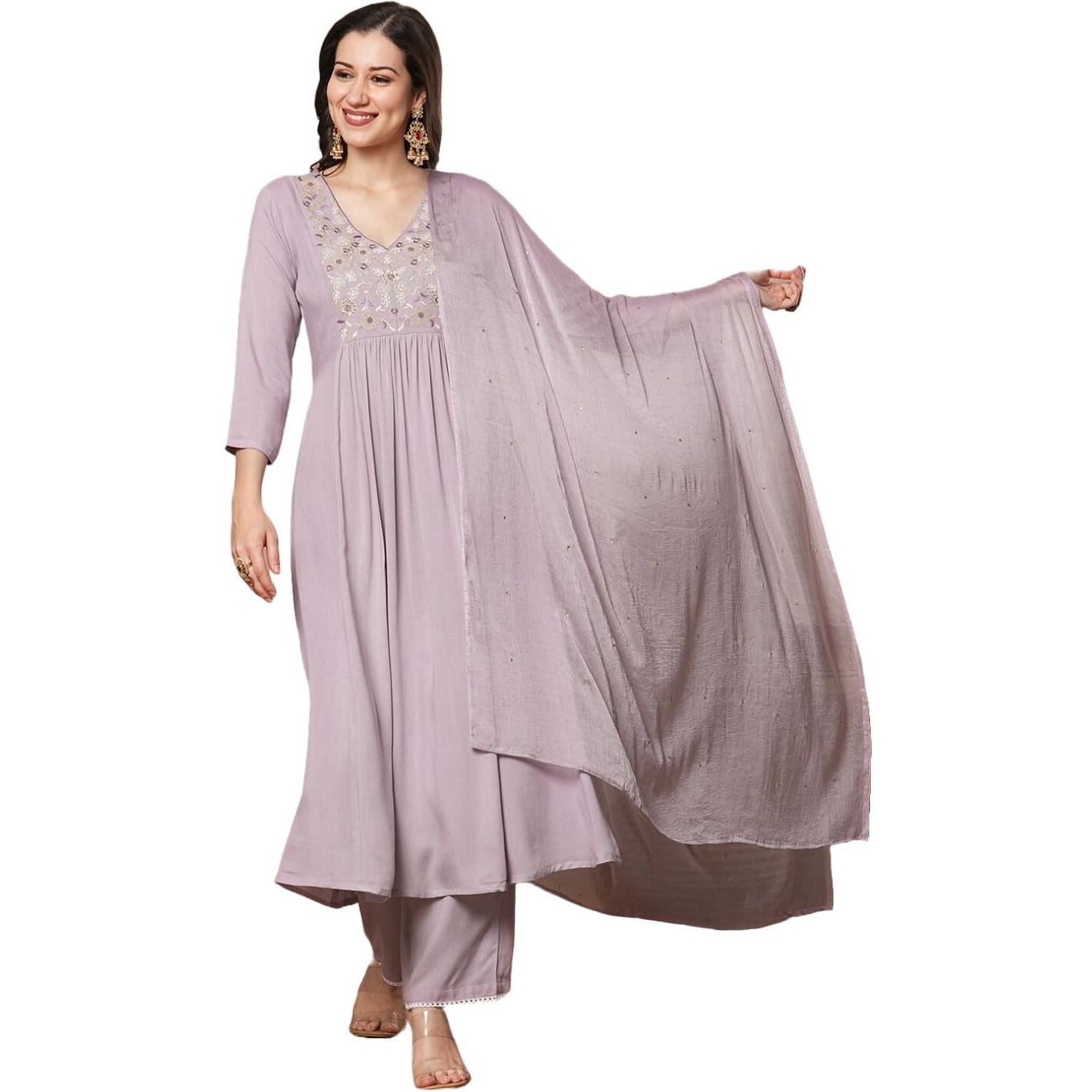 Gosriki Women's Rayon Blend A-Line Embroidered Kurta With Pant & Dupatta (Sharmi Lavender-Vks01-Gs_S_Lavender_Small)
