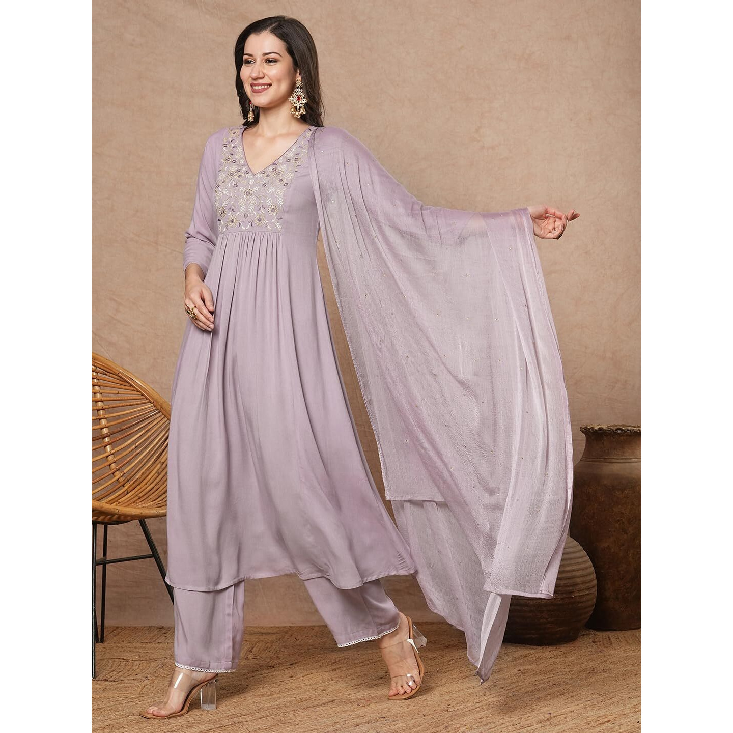 Gosriki Women's Rayon Blend A-Line Embroidered Kurta With Pant & Dupatta (Sharmi Lavender-Vks01-Gs_S_Lavender_Small)