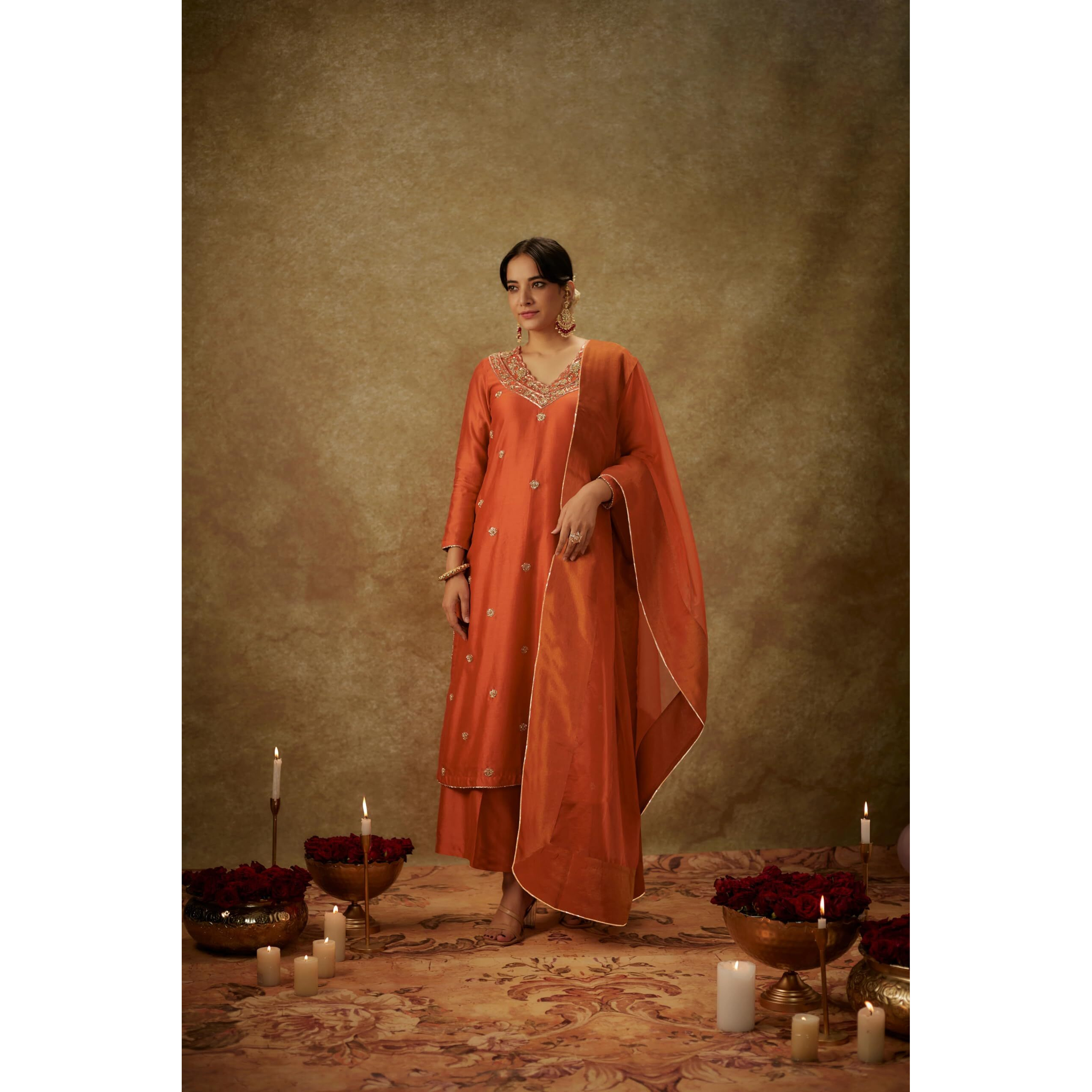 Gosriki Women's Rayon Viscose Straight Embroidered Kurta With Pant & Dupatta (Chahat Orange-Gs_S_Orange_Small)