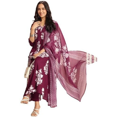 Gosriki Women's Rayon Viscose Anarkali Printed Kurta With Pant & Dupatta (Jasiwal Wine-Vks02-Gs_Xxl_Wine_Xx-Large)