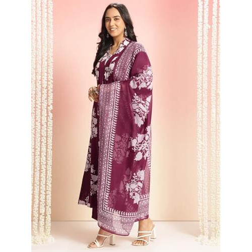 Gosriki Women's Rayon Viscose Anarkali Printed Kurta With Pant & Dupatta (Jasiwal Wine-Vks02-Gs_Xxl_Wine_Xx-Large)
