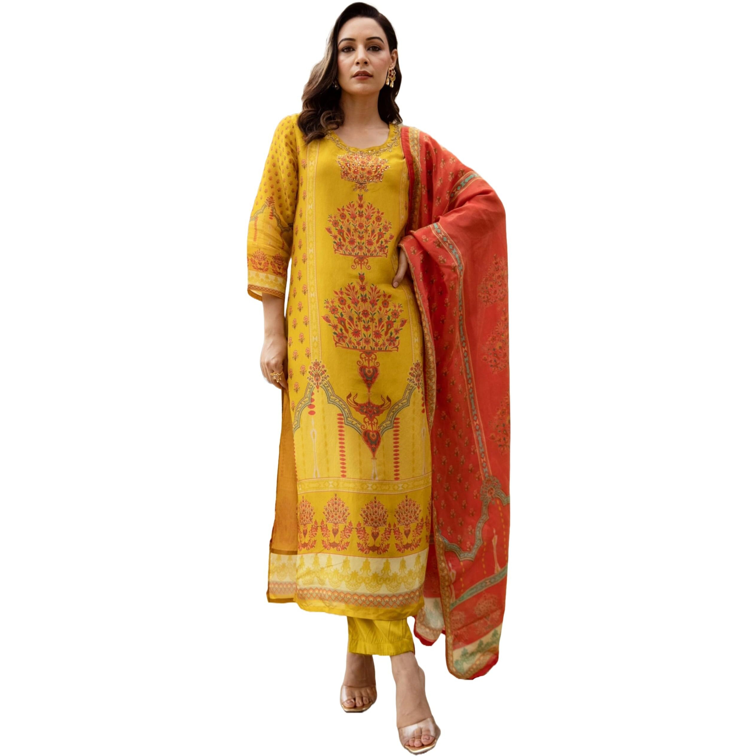 Gosriki Women's Rayon Viscose Straight Printed Kurta With Pant & Dupatta (Champika Yellow-Gs_S_Yellow_Small)