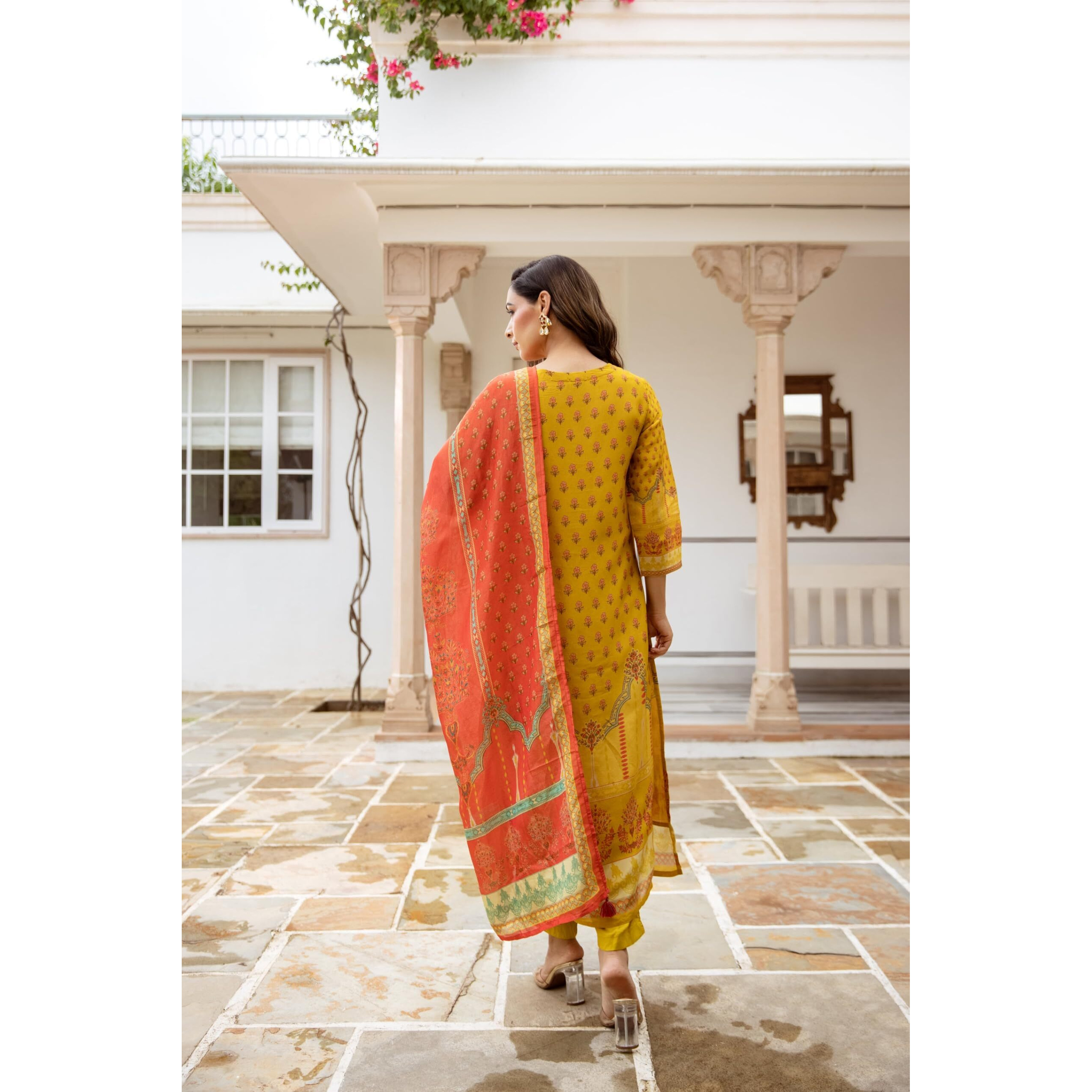 Gosriki Women's Rayon Viscose Straight Printed Kurta With Pant & Dupatta (Champika Yellow-Gs_S_Yellow_Small)