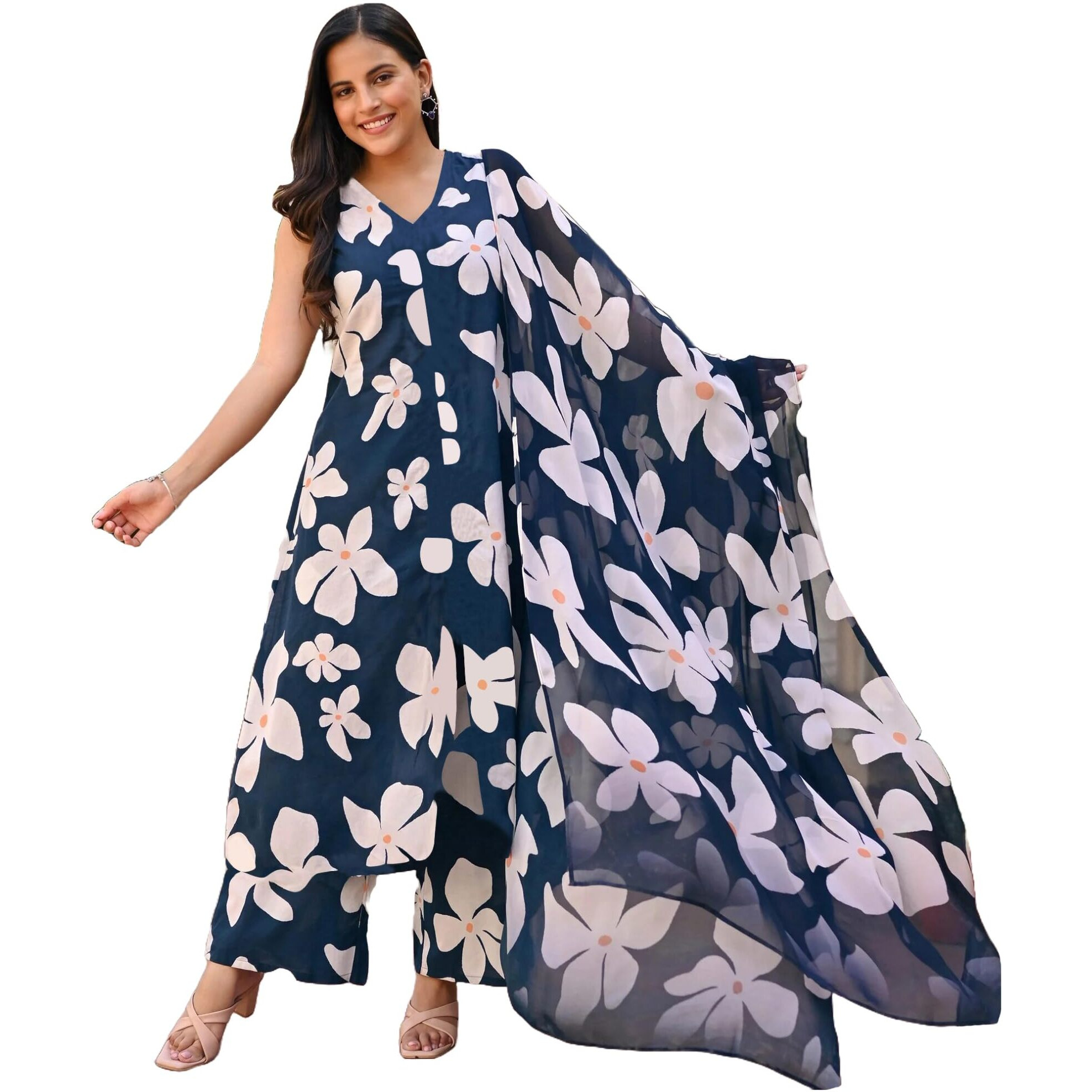 Gosriki Women's Rayon Blend Anarkali Printed Kurta With Pant & Dupatta (Gajra Blue-Gs_Xl_Blue_X-Large)