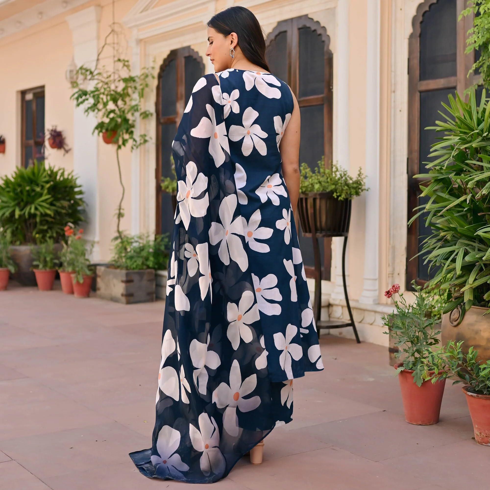 Gosriki Women's Rayon Blend Anarkali Printed Kurta With Pant & Dupatta (Gajra Blue-Gs_Xl_Blue_X-Large)