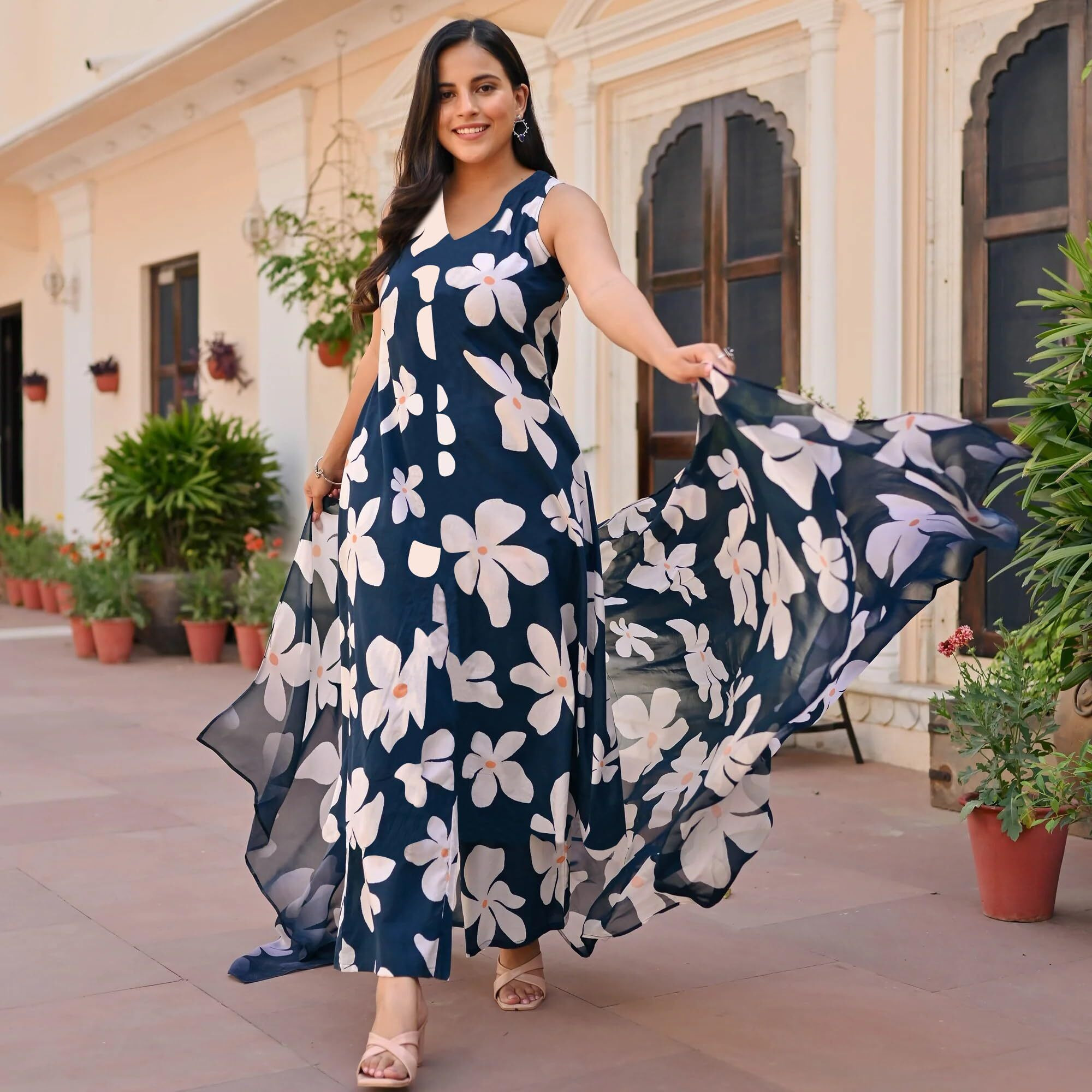 Gosriki Women's Rayon Blend Anarkali Printed Kurta With Pant & Dupatta (Gajra Blue-Gs_Xl_Blue_X-Large)