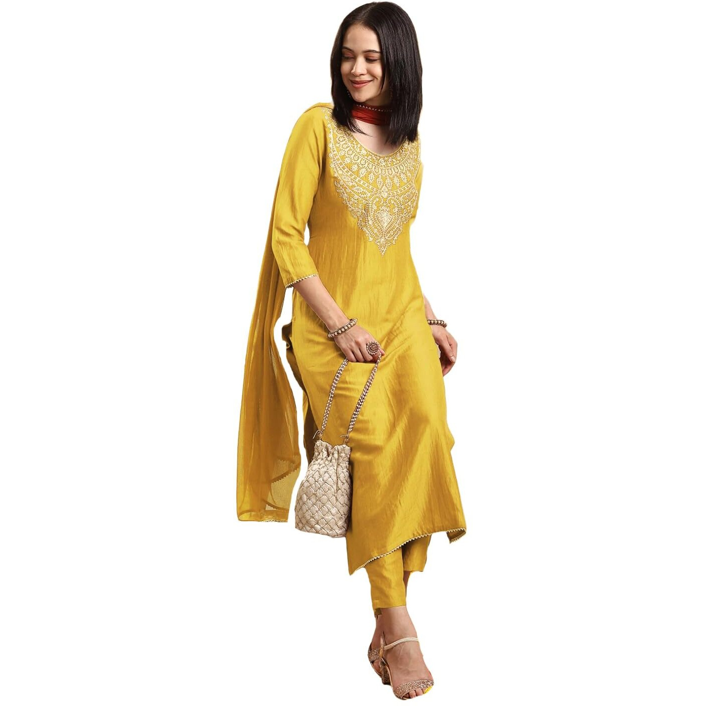 Gosriki Women's Rayon Viscose Straight Embroidered Kurta With Pant & Dupatta (Galpatiyo Yellow-Vks01-Gs_S_Yellow_Small)