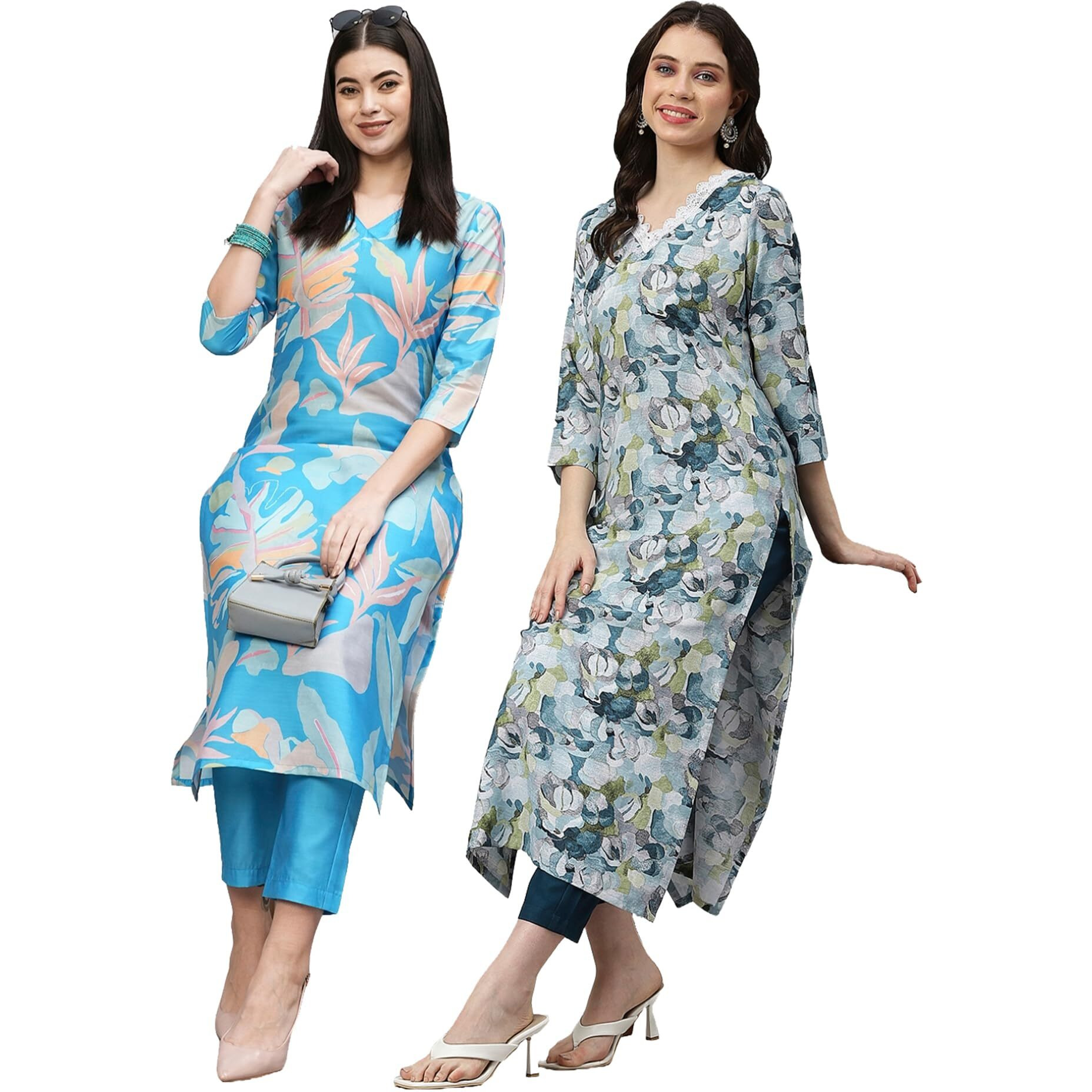 Gosriki Women's Cotton Blend Printed Straight Kurta With Pant Pack Of 2 (Jonaki Blue-Southz Blue-Gs_L_Multi_Large)