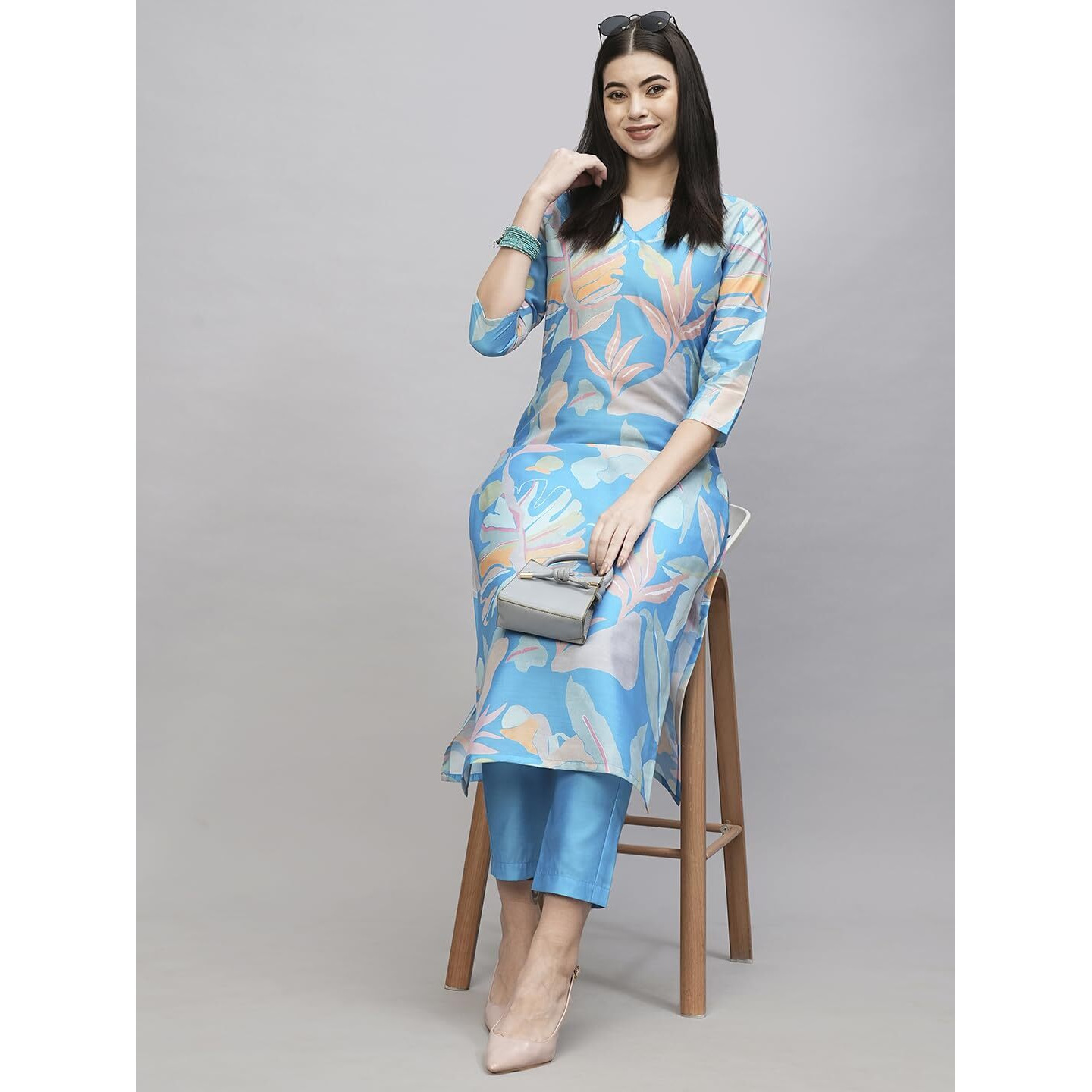 Gosriki Women's Cotton Blend Printed Straight Kurta With Pant Pack Of 2 (Jonaki Blue-Southz Blue-Gs_L_Multi_Large)