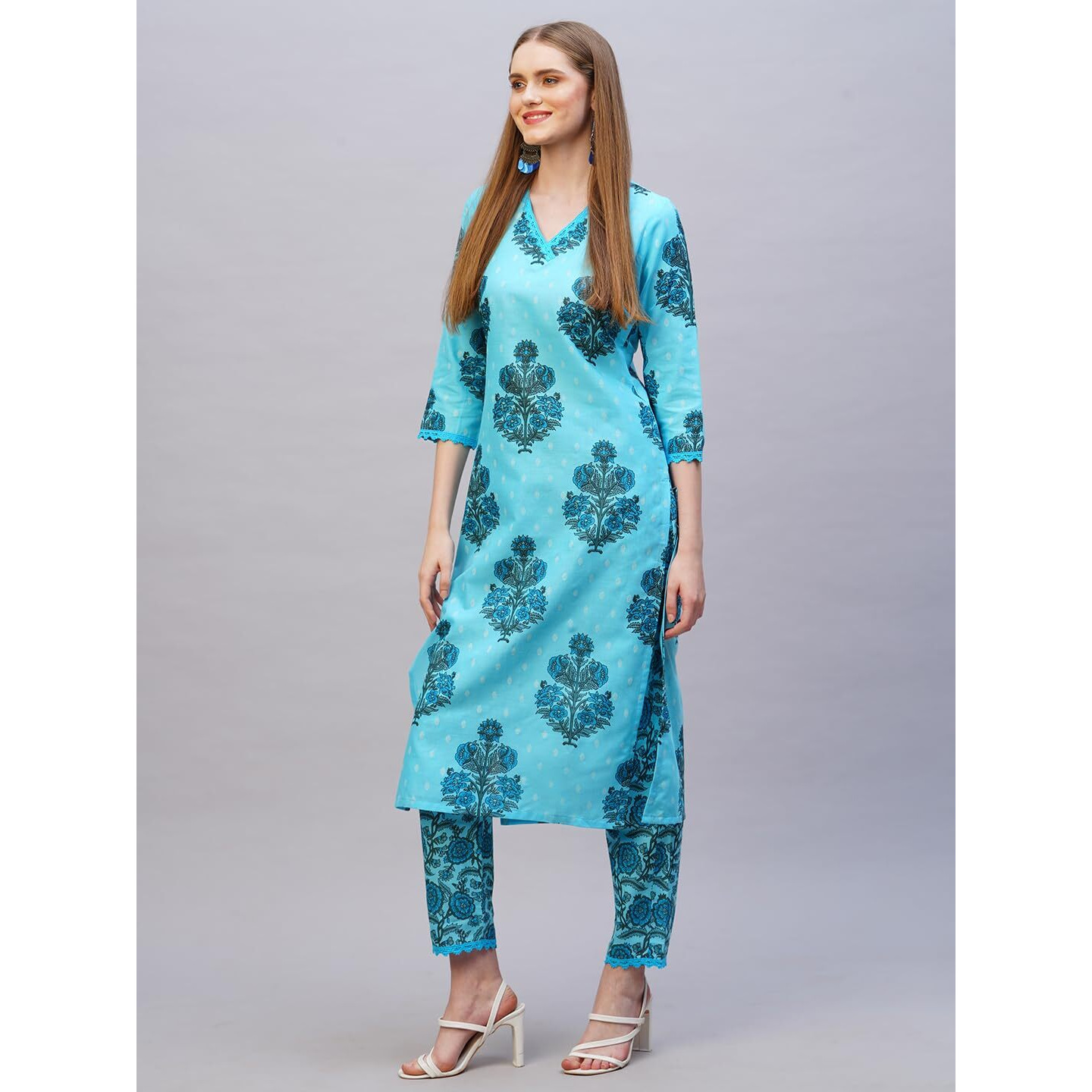Gosriki Women's Rayon Blend Straight Printed Kurta With Pant (Cheer Blue-Nw-Gs_M_Blue_Medium)