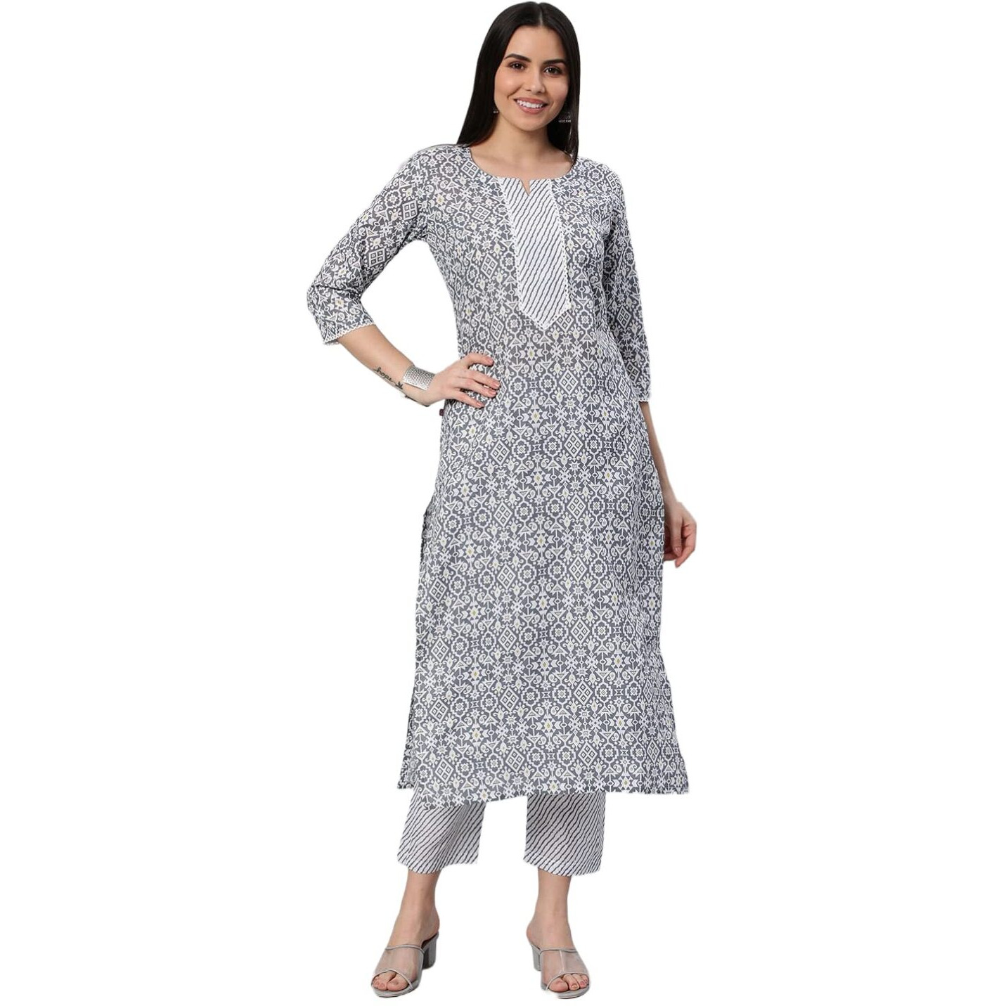Gosriki Women's Cotton Blend Straight Printed Kurta With Pant (Kavi Grey-Nw5-Gs_Xxl_Grey_Xx-Large)