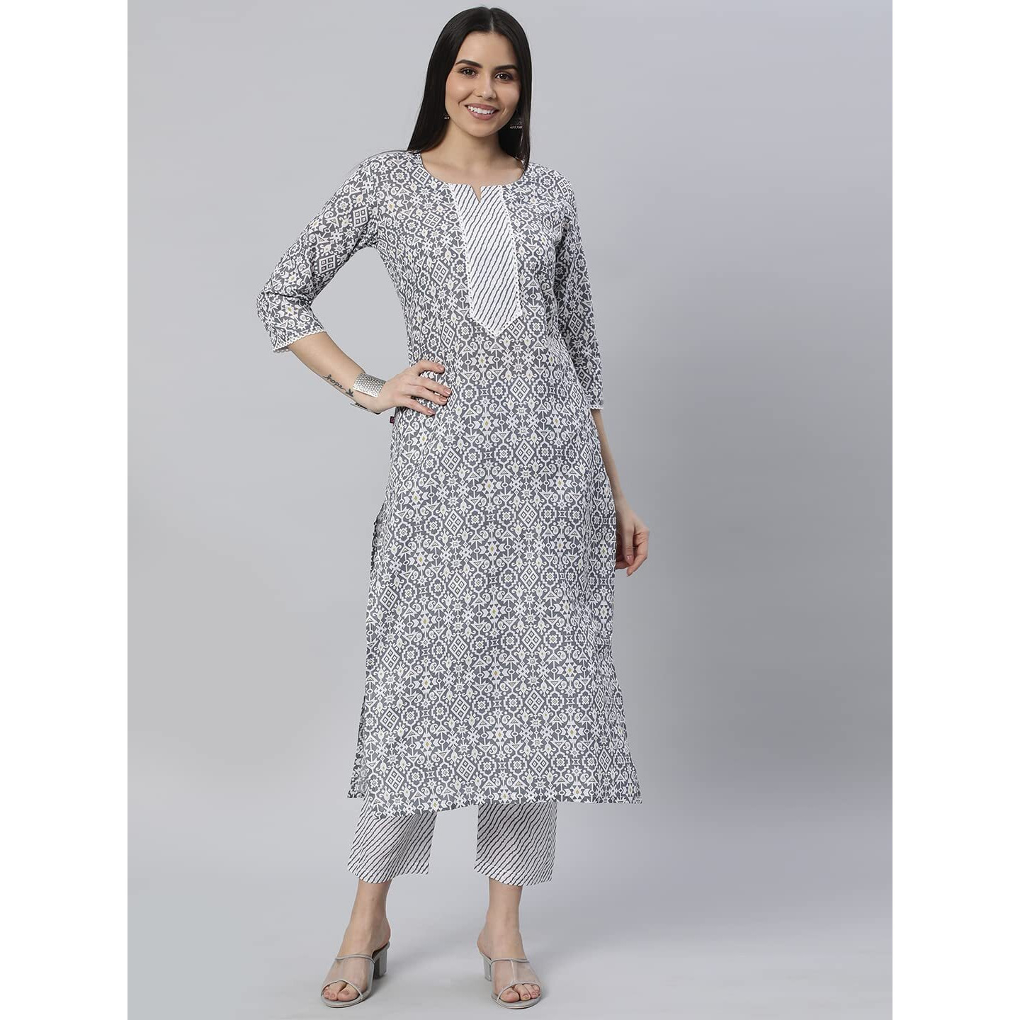 Gosriki Women's Cotton Blend Straight Printed Kurta With Pant (Kavi Grey-Nw5-Gs_Xxl_Grey_Xx-Large)