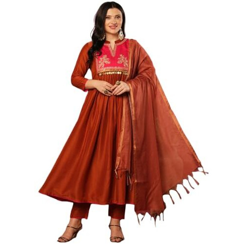 Gosriki Women's Rayon Viscose Embroidered Anarkali Kurta With Pant & Dupatta (Brics Rust-Vks01-Gs_Xxl_Rust_Xx-Large)