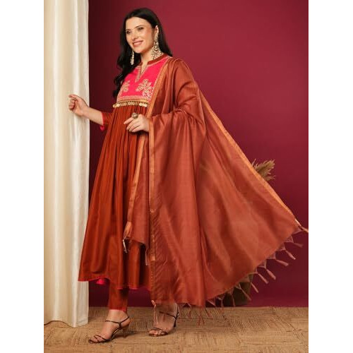 Gosriki Women's Rayon Viscose Embroidered Anarkali Kurta With Pant & Dupatta (Brics Rust-Vks01-Gs_Xxl_Rust_Xx-Large)