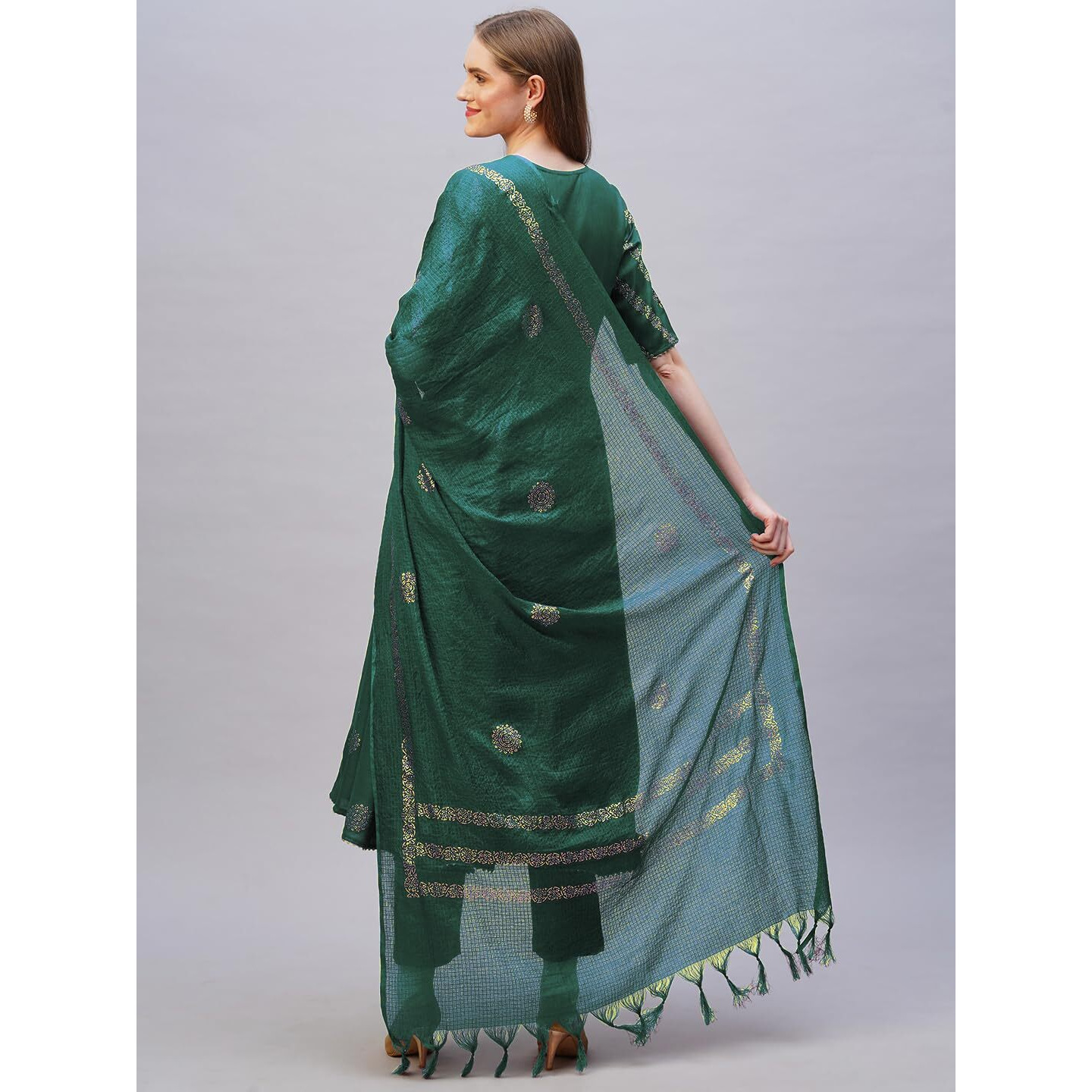 Gosriki Women's Rayon Blend Anarkali Printed Kurta With Pant & Dupatta (Berlin Green-Nb-Gs_S_Green_Small)