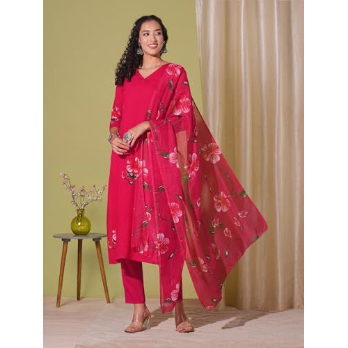 Gosriki Women's Rayon Blend Straight Printed Kurta With Pant & Dupatta (Roka Rani-Vks01-Gs_M_Pink_Medium)