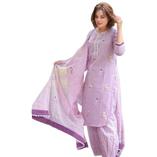 Gosriki Women's Rayon Blend Straight Hand Block Printed Kurta With Pant & Dupatta (Ragsri Purple-Vks01-Gs_M_Purple_Medium)
