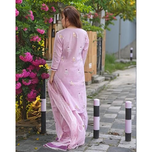 Gosriki Women's Rayon Blend Straight Hand Block Printed Kurta With Pant & Dupatta (Ragsri Purple-Vks01-Gs_M_Purple_Medium)