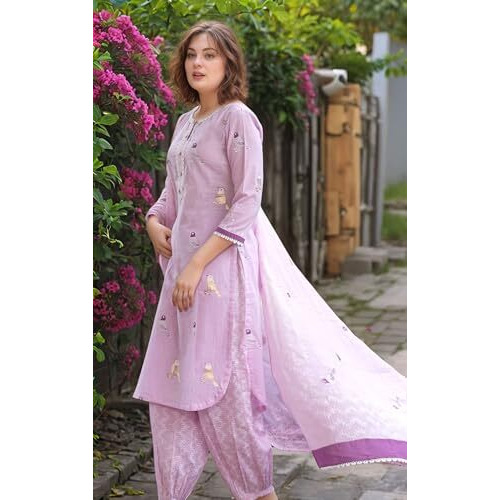 Gosriki Women's Rayon Blend Straight Hand Block Printed Kurta With Pant & Dupatta (Ragsri Purple-Vks01-Gs_M_Purple_Medium)