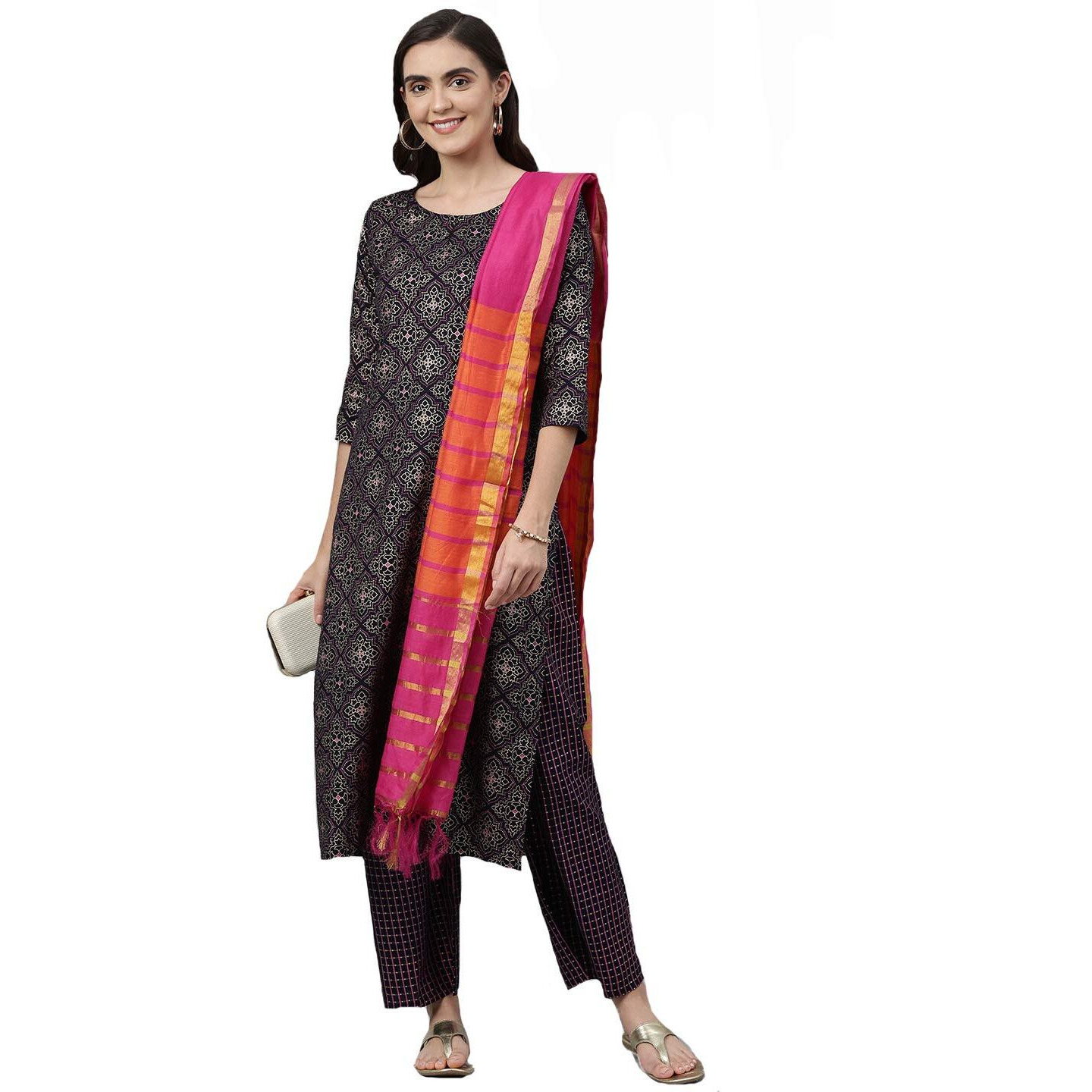 Gosriki Women's Cotton Kurta, Palazzos And Dupatta (Client-Navy Blue_Xxl-Go_Dark Xx-Large)