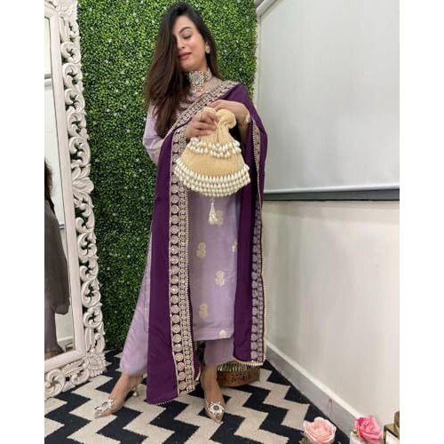 Gosriki Women's Rayon Viscose Printed Straight Kurta With Pant & Dupatta (Udh Purple-Vks01-Gs_L_Purple_Large)