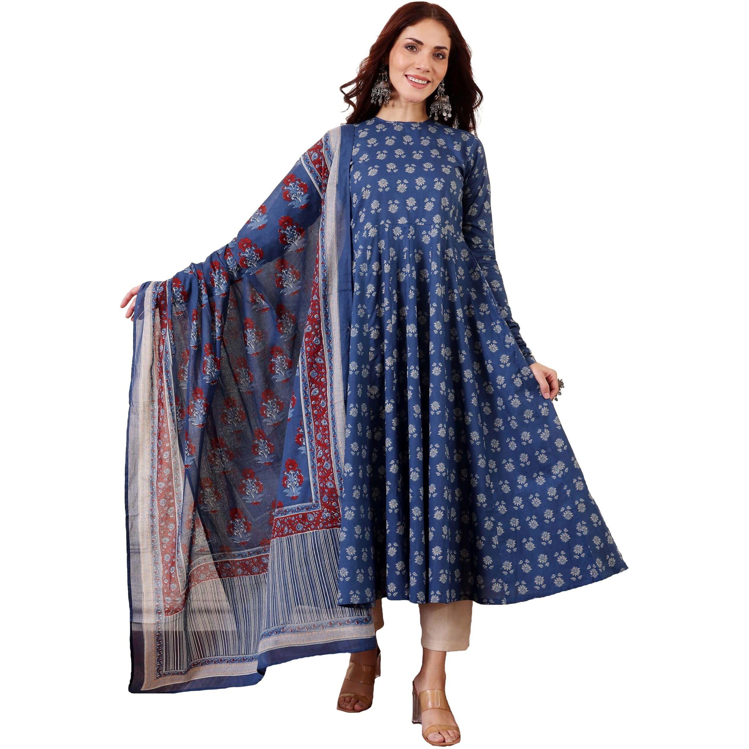 Gosriki Women's Rayon Viscose Anarkali Printed Kurta With Pant & Dupatta (Menon Blue-Gs_S_Blue_Small)