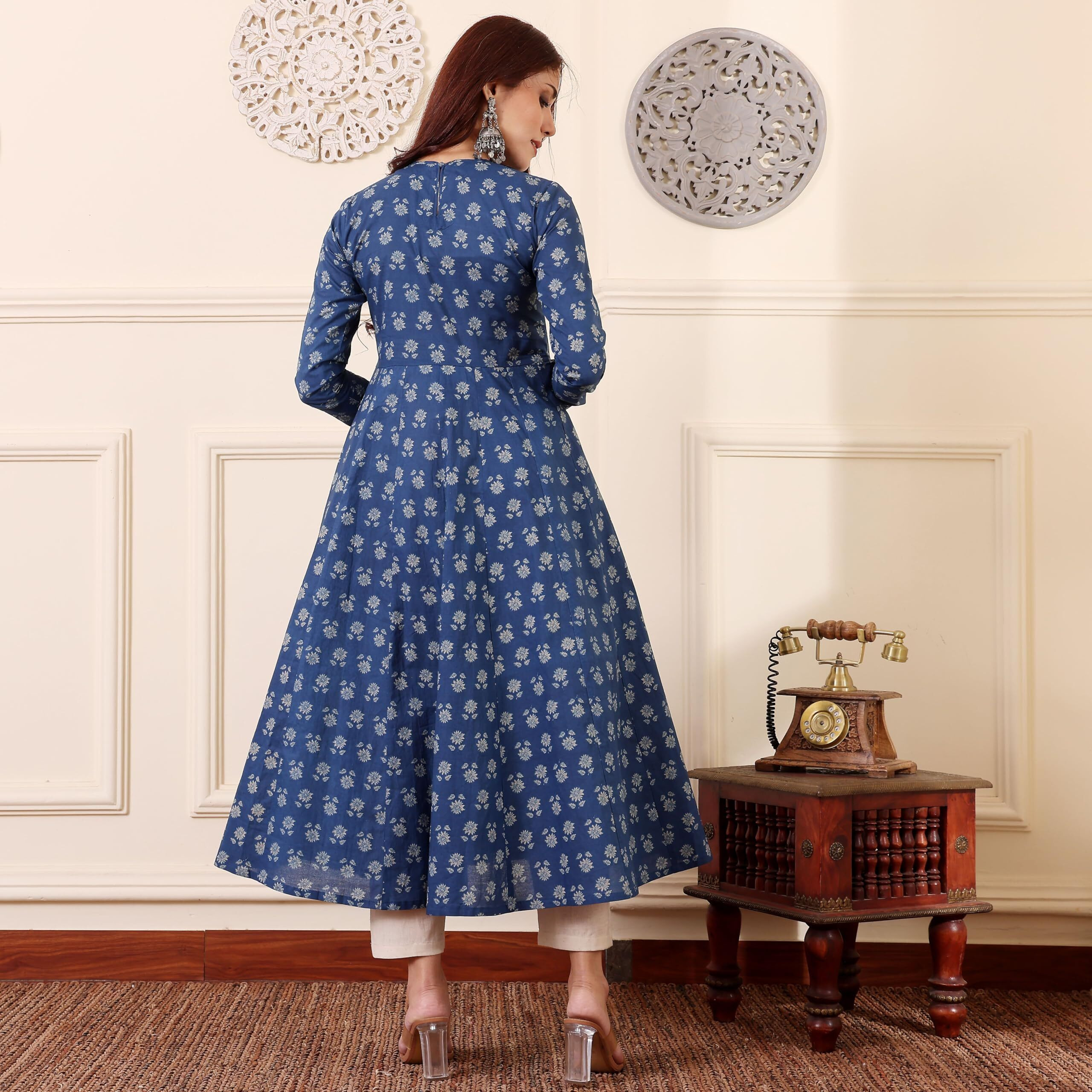 Gosriki Women's Rayon Viscose Anarkali Printed Kurta With Pant & Dupatta (Menon Blue-Gs_S_Blue_Small)