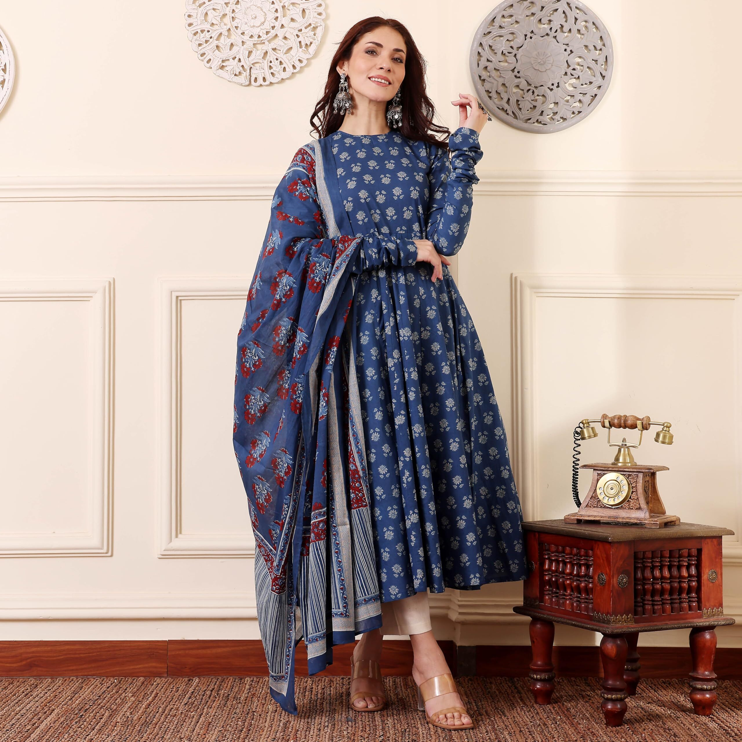 Gosriki Women's Rayon Viscose Anarkali Printed Kurta With Pant & Dupatta (Menon Blue-Gs_S_Blue_Small)
