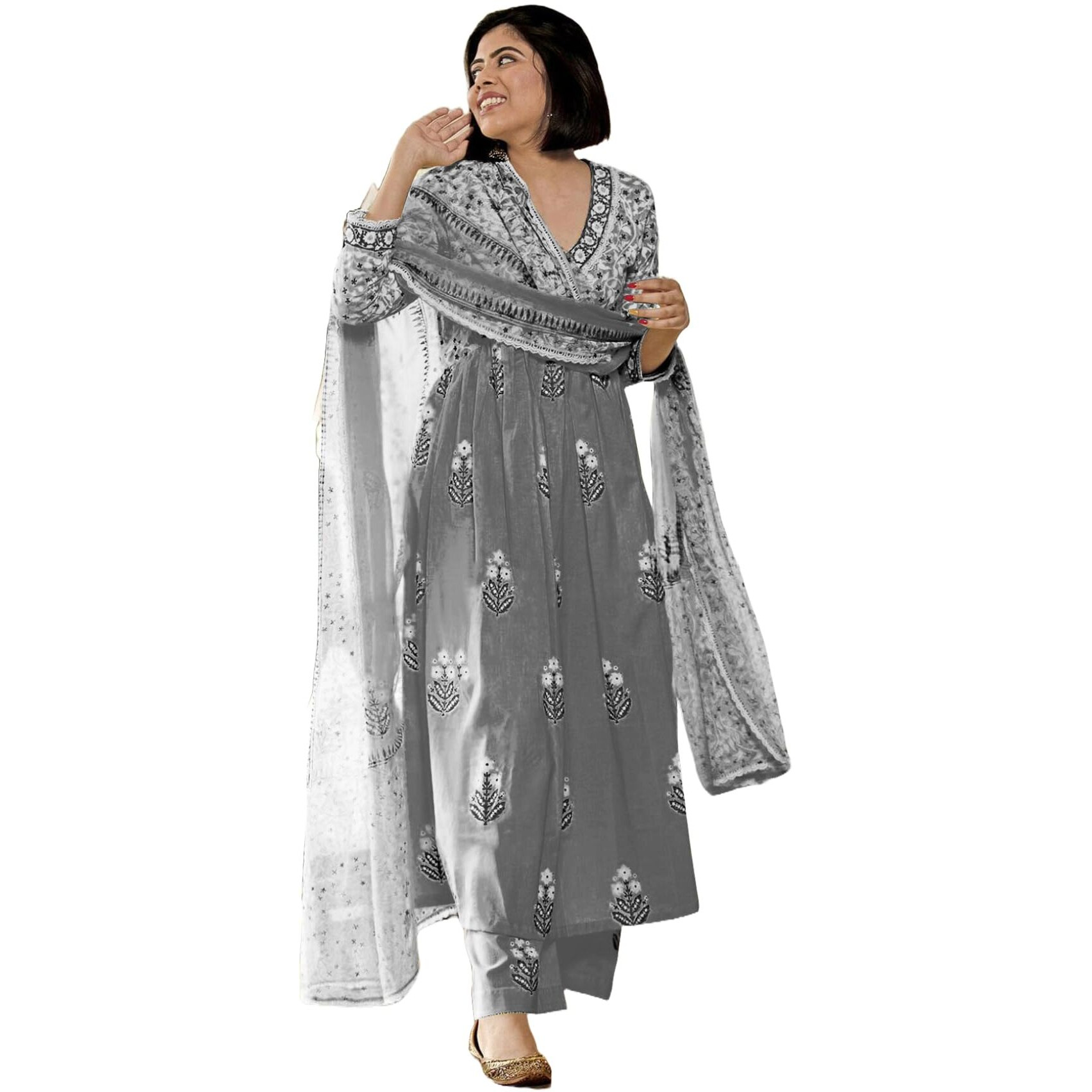 Gosriki Women's Rayon Blend Anarkali Printed Kurta With Pant & Dupatta (Renu Grey-Vks01-Gs_M_Grey_Medium)